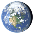Whole earth in July with sea ice and clouds (North America)